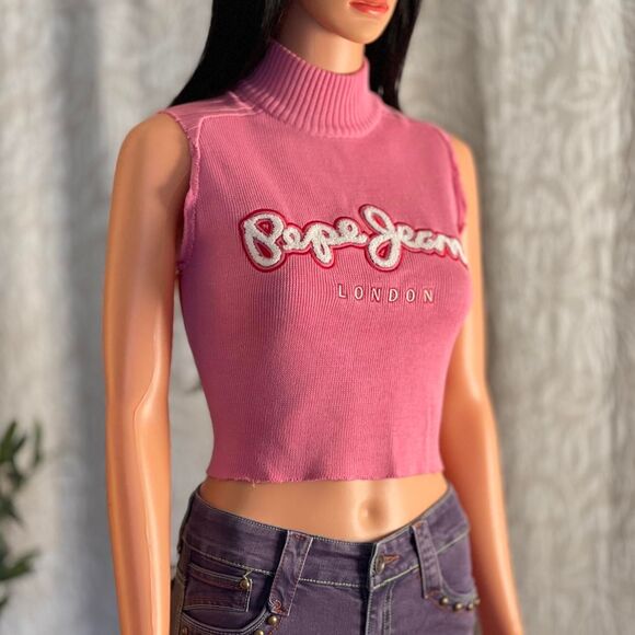Y2K Pepe Jeans London Reworked Cropped Mock Neck Knit Tank Top Raw Edge Size L - Picture 1 of 7